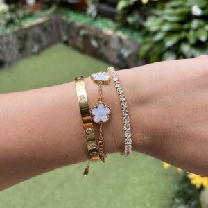 Gold & White Flower Bracelet Set - clover, bangle, tennis chain stackable